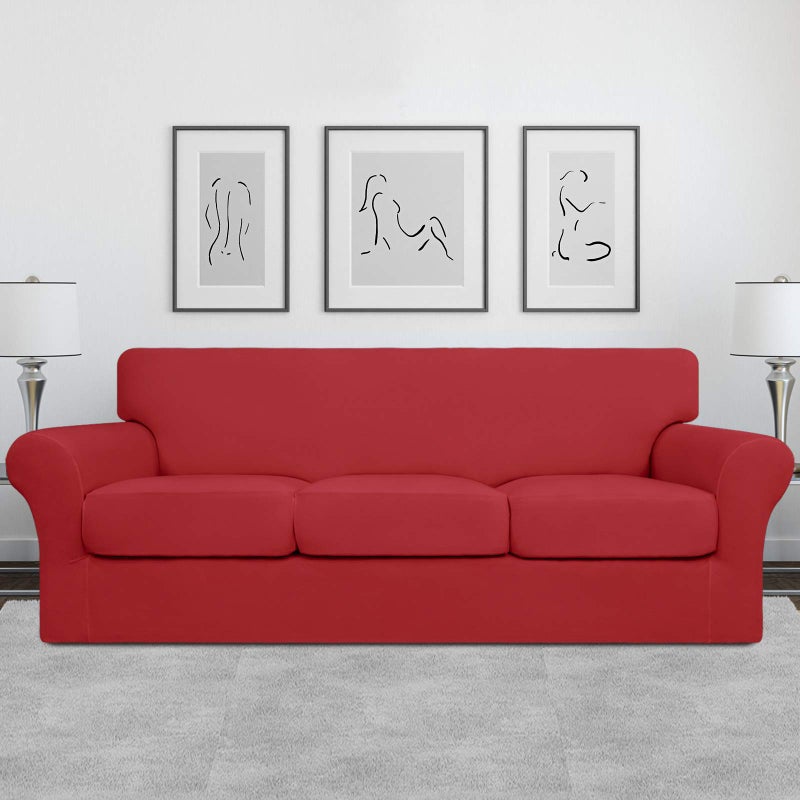 Easy-Going 4 Pieces Stretch Soft Couch Cover for Dogs - Washable Sofa Slipcover for 3 Separate Cushion Couch - Elastic Furniture Protector for Pets, Kids (Sofa, Christmas Red) - Image 2